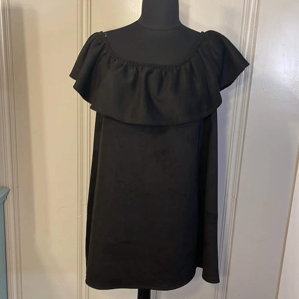NWT Karlie mini‎ dress faux suede off shoulder black ruffle small